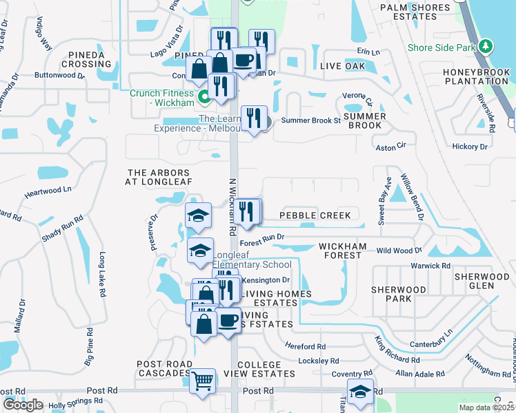 map of restaurants, bars, coffee shops, grocery stores, and more near 2902 Pebble Creek Street in Melbourne