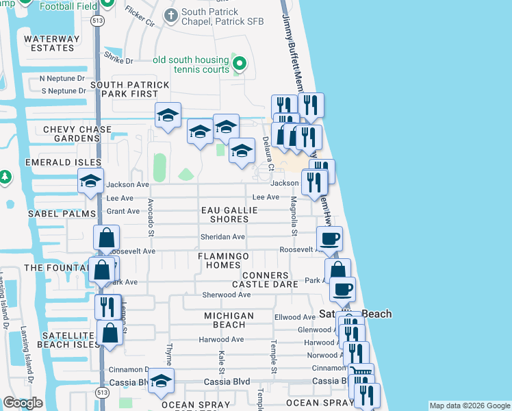 map of restaurants, bars, coffee shops, grocery stores, and more near 280 Grant Avenue in Satellite Beach