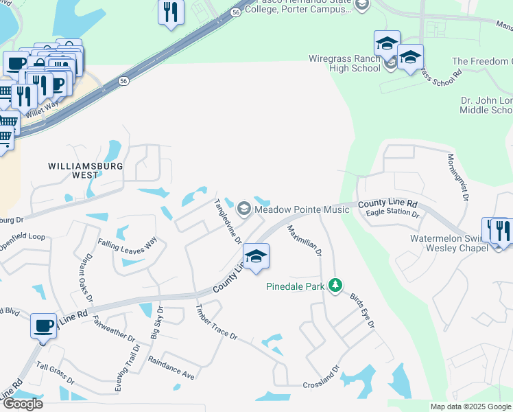 map of restaurants, bars, coffee shops, grocery stores, and more near 29116 Rivergate Run in Zephyrhills