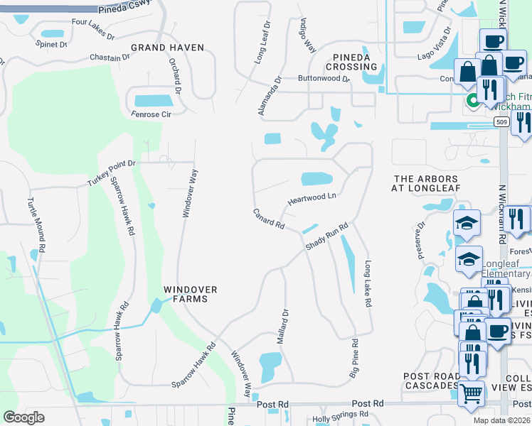 map of restaurants, bars, coffee shops, grocery stores, and more near 4565 Canard Road in Melbourne
