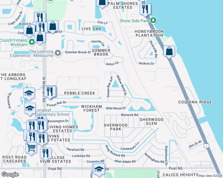 map of restaurants, bars, coffee shops, grocery stores, and more near 2570 Red Maple Place in Melbourne