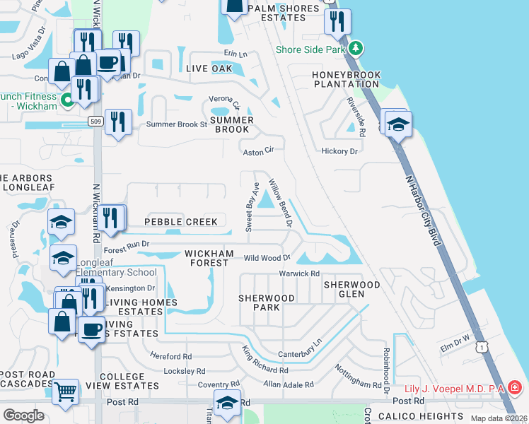 map of restaurants, bars, coffee shops, grocery stores, and more near 2550 Red Maple Place in Melbourne