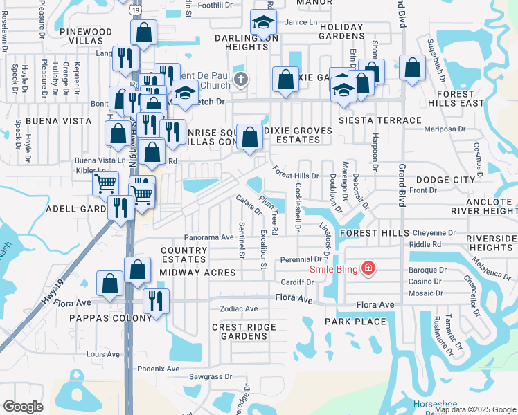 map of restaurants, bars, coffee shops, grocery stores, and more near 4935 Calais Drive in Holiday