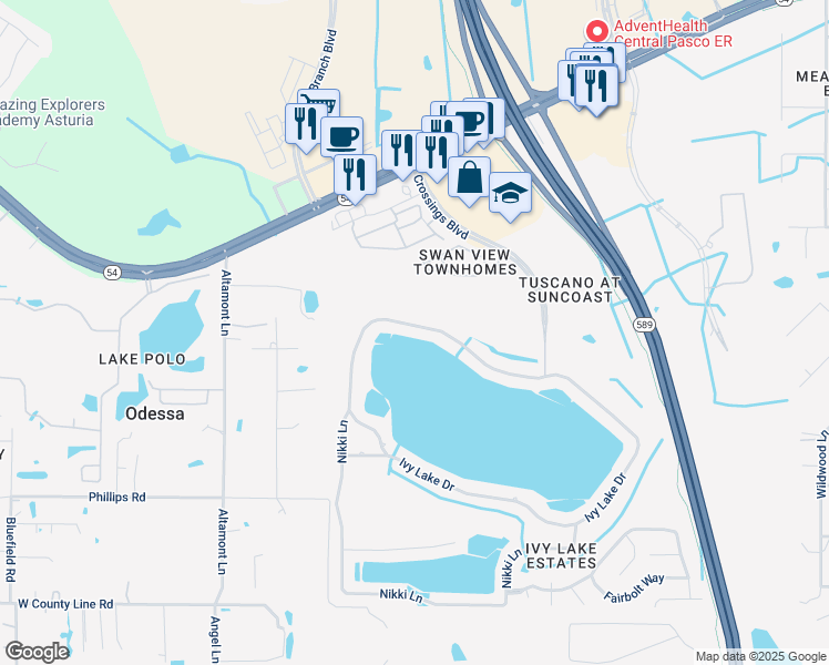 map of restaurants, bars, coffee shops, grocery stores, and more near 16131 Ivy Lake Drive in Odessa