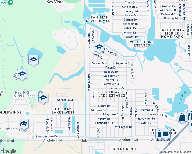 map of restaurants, bars, coffee shops, grocery stores, and more near 3111 Coldwell Drive in Holiday
