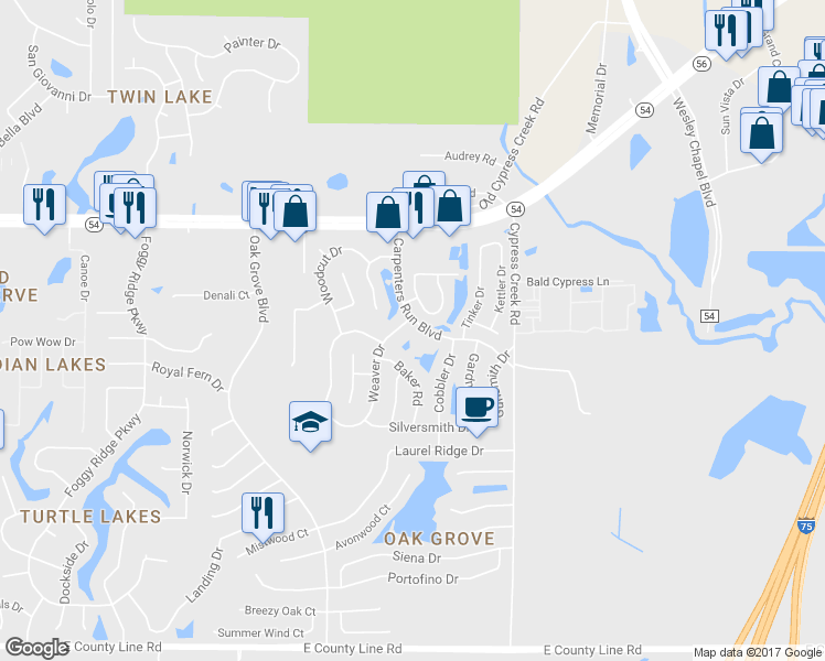 map of restaurants, bars, coffee shops, grocery stores, and more near 1723 Carpenters Run Boulevard in Lutz