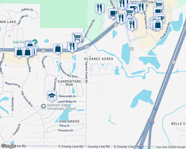 map of restaurants, bars, coffee shops, grocery stores, and more near 2110 Sweetbroom Circle in Lutz