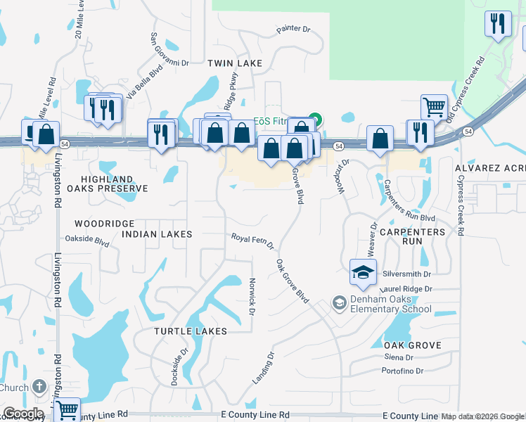 map of restaurants, bars, coffee shops, grocery stores, and more near 24235 Lakerush Court in Lutz