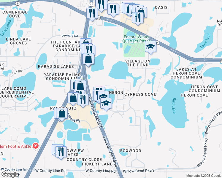 map of restaurants, bars, coffee shops, grocery stores, and more near 1735 Lake Heron Drive in Lutz