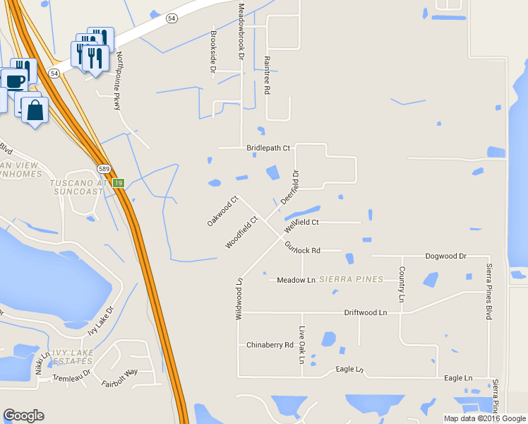 map of restaurants, bars, coffee shops, grocery stores, and more near 17641 Deerfield Drive in Lutz