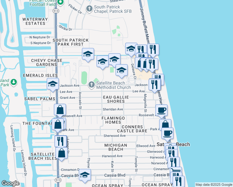 map of restaurants, bars, coffee shops, grocery stores, and more near 340 Grant Avenue in Satellite Beach