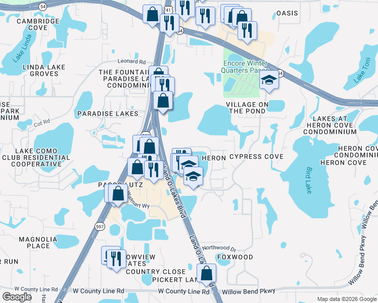 map of restaurants, bars, coffee shops, grocery stores, and more near 1837 Lake Heron Drive in Lutz