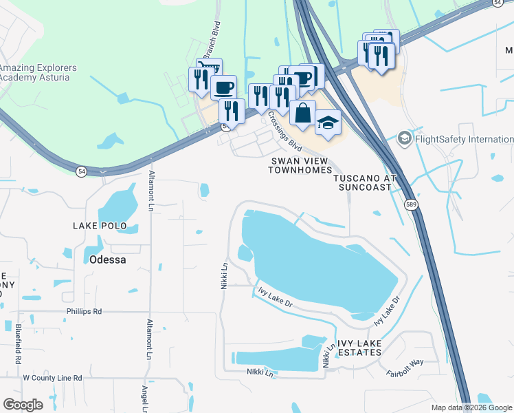 map of restaurants, bars, coffee shops, grocery stores, and more near 16143 Ivy Lake Drive in Odessa