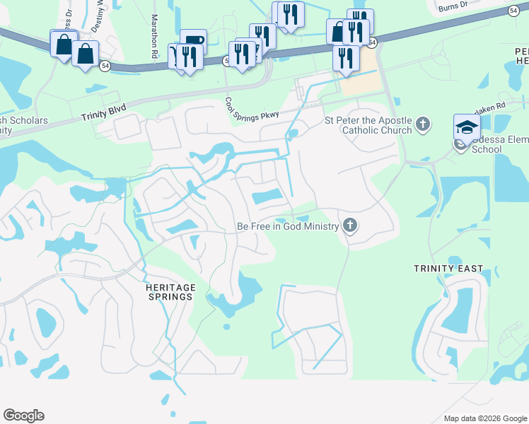 map of restaurants, bars, coffee shops, grocery stores, and more near 12132 Arron Terrace in Trinity