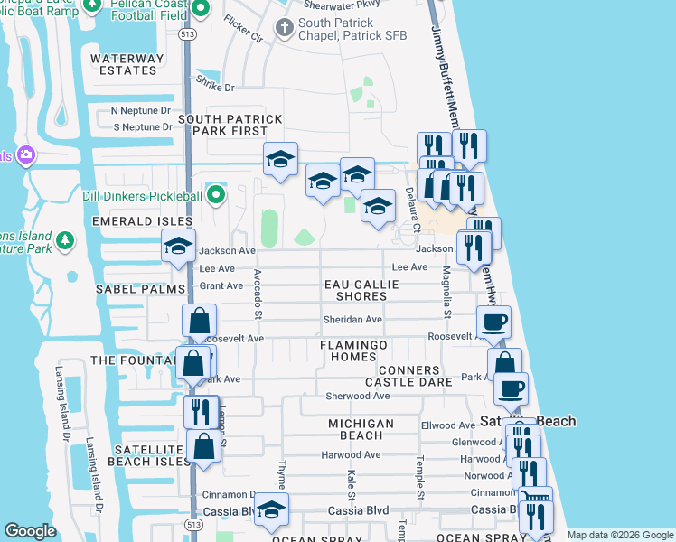 map of restaurants, bars, coffee shops, grocery stores, and more near 355 Lee Avenue in Satellite Beach