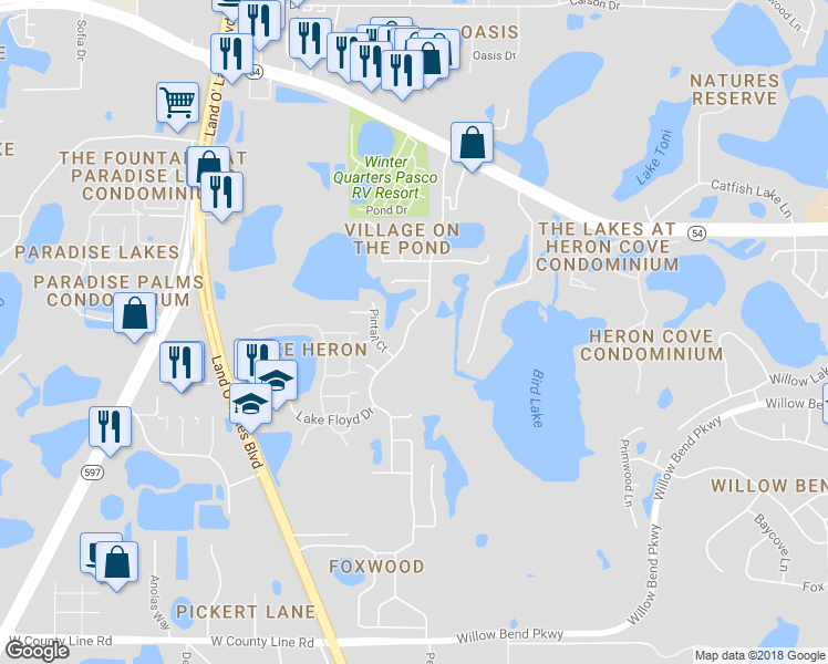 map of restaurants, bars, coffee shops, grocery stores, and more near 1712 Osprey Lane in Lutz