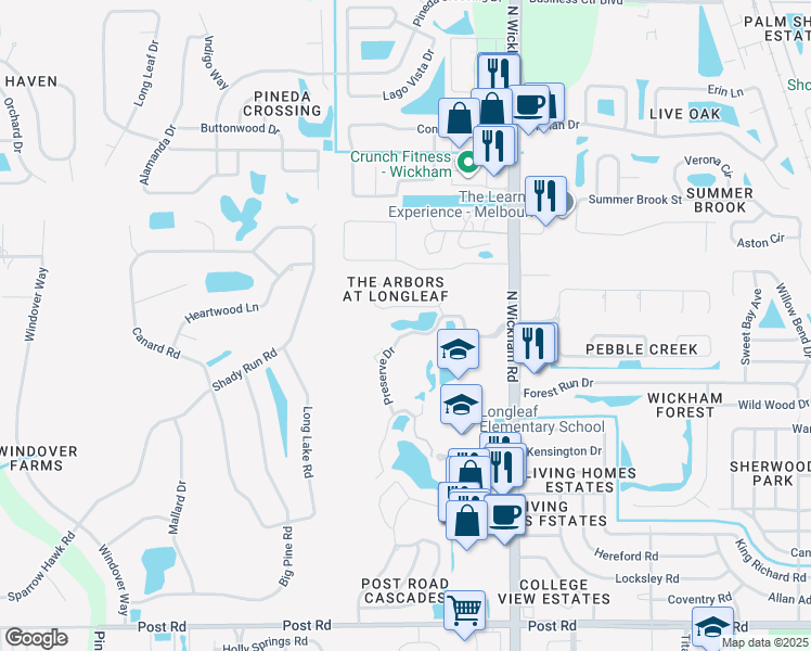 map of restaurants, bars, coffee shops, grocery stores, and more near 4466 Preserve Drive in Melbourne