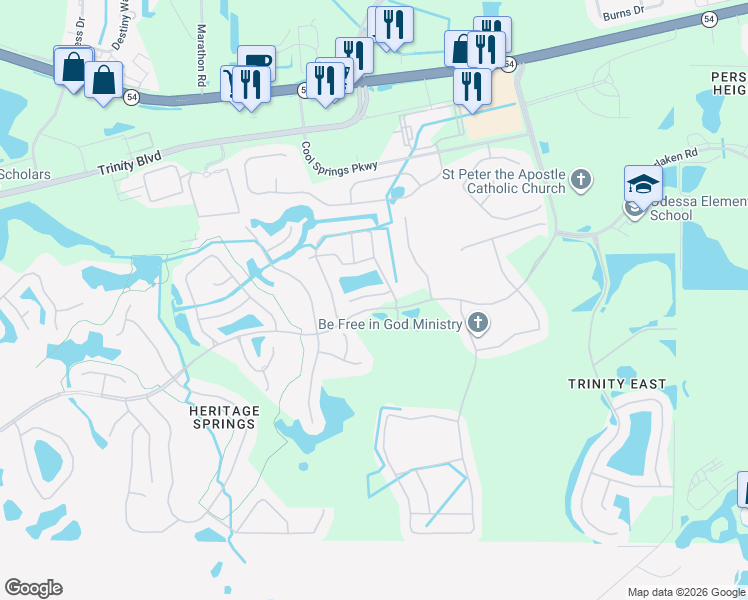 map of restaurants, bars, coffee shops, grocery stores, and more near 12132 Arron Terrace in Trinity