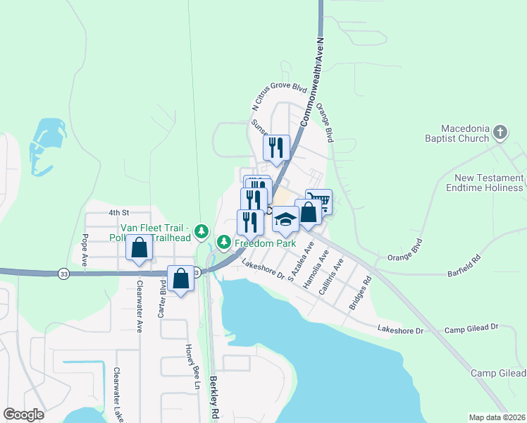 map of restaurants, bars, coffee shops, grocery stores, and more near Florida 33 in Polk City