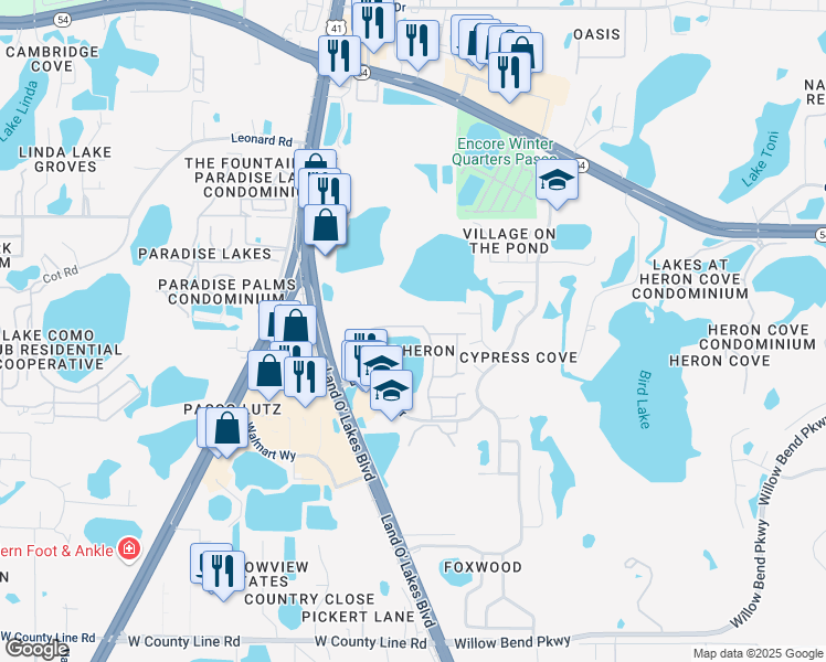 map of restaurants, bars, coffee shops, grocery stores, and more near 1735 Lake Heron Drive in Lutz