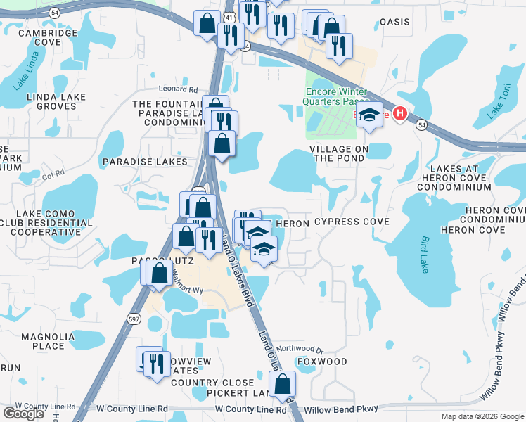 map of restaurants, bars, coffee shops, grocery stores, and more near 1813 Lake Heron Drive in Lutz