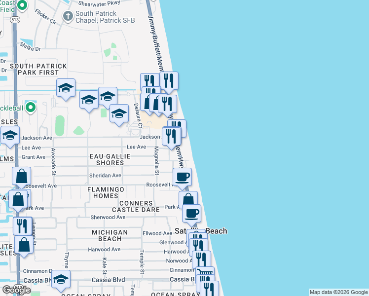 map of restaurants, bars, coffee shops, grocery stores, and more near 1150 Florida A1A in Satellite Beach