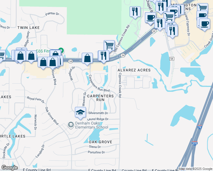 map of restaurants, bars, coffee shops, grocery stores, and more near 1747 Tinker Drive in Lutz