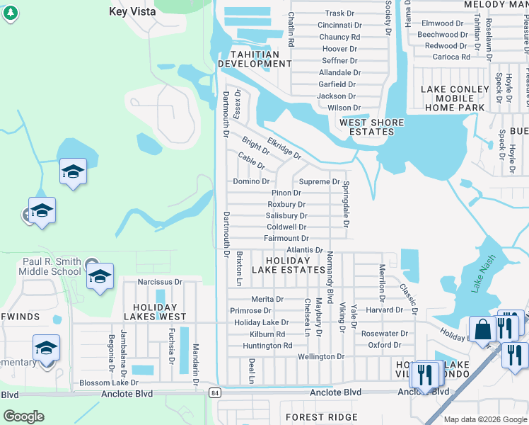 map of restaurants, bars, coffee shops, grocery stores, and more near 3137 Salisbury Drive in Holiday
