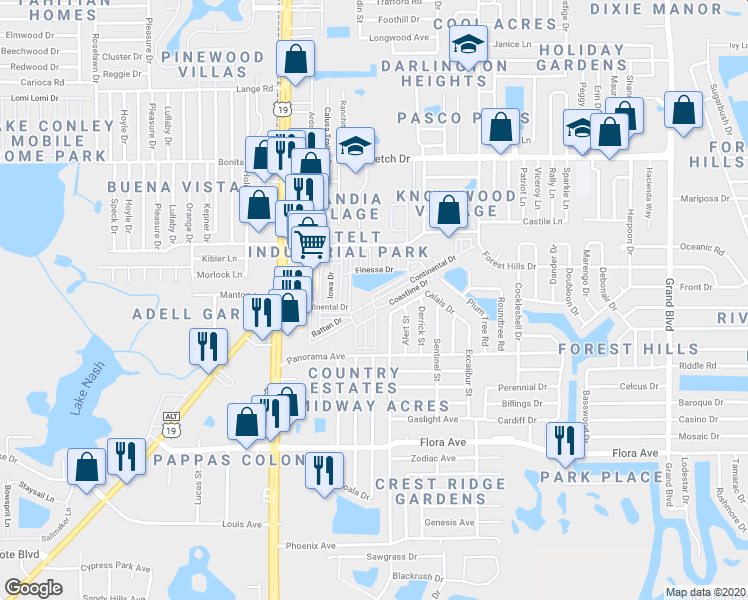 map of restaurants, bars, coffee shops, grocery stores, and more near 4823 Thunder Drive in Holiday