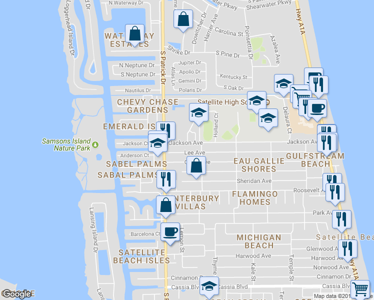 map of restaurants, bars, coffee shops, grocery stores, and more near 542 Lee Avenue in Satellite Beach