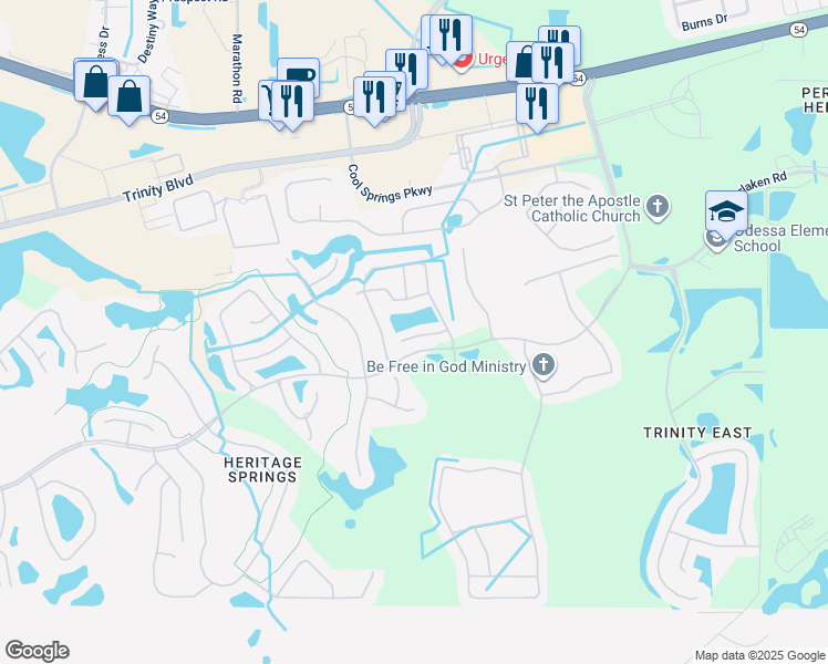map of restaurants, bars, coffee shops, grocery stores, and more near 12132 Arron Terrace in Trinity