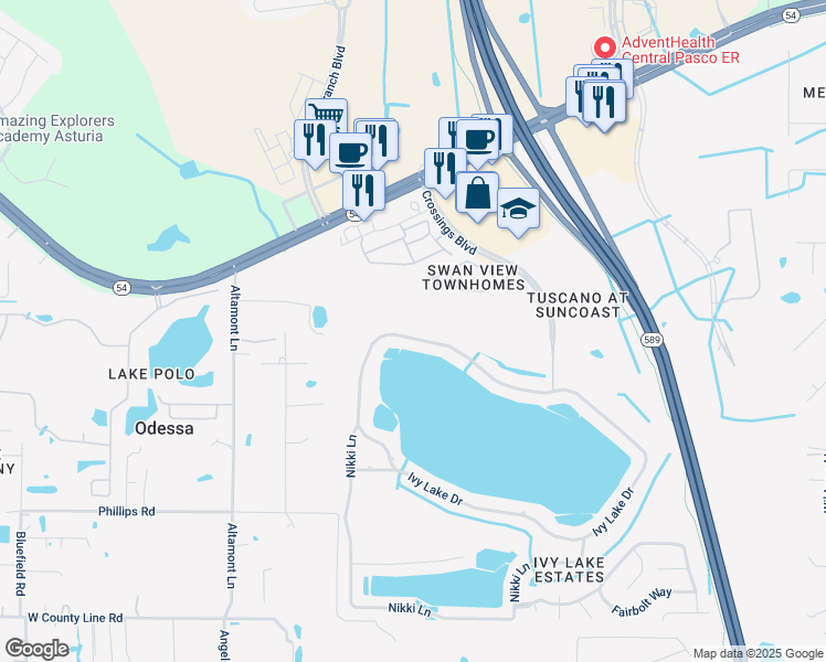 map of restaurants, bars, coffee shops, grocery stores, and more near 16131 Ivy Lake Drive in Odessa