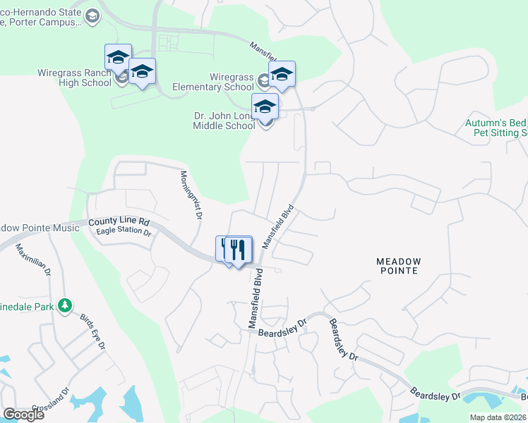 map of restaurants, bars, coffee shops, grocery stores, and more near 1747 Ravenridge Street in Wesley Chapel