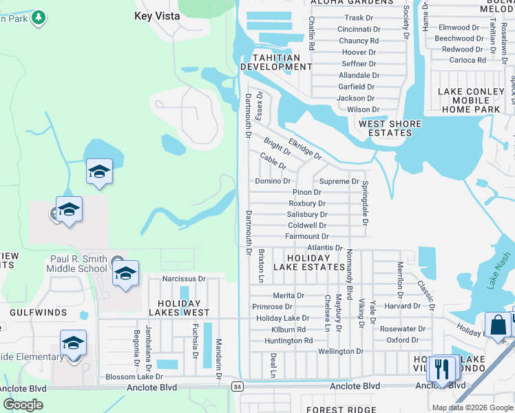 map of restaurants, bars, coffee shops, grocery stores, and more near 3034 Roxbury Drive in Holiday