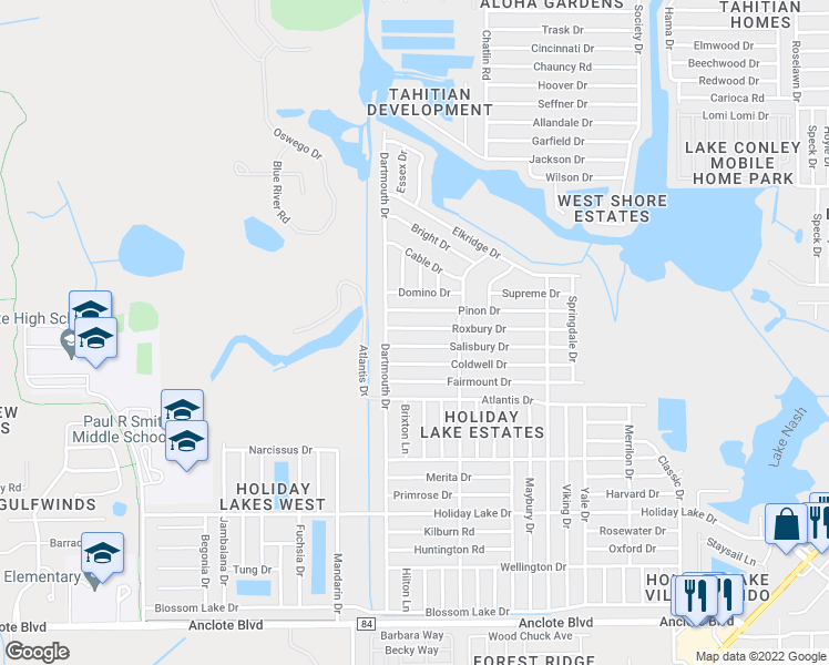 map of restaurants, bars, coffee shops, grocery stores, and more near 3054 Roxbury Drive in Holiday