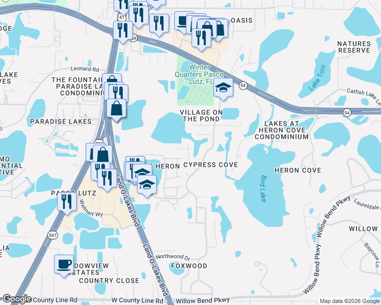 map of restaurants, bars, coffee shops, grocery stores, and more near 1742 Pintail Court in Lutz