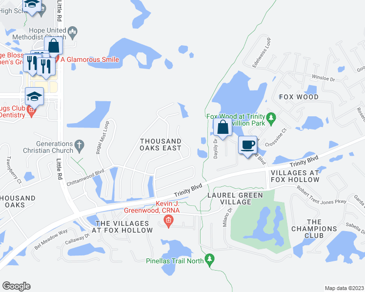 map of restaurants, bars, coffee shops, grocery stores, and more near 1739 Sweetspire Drive in New Port Richey