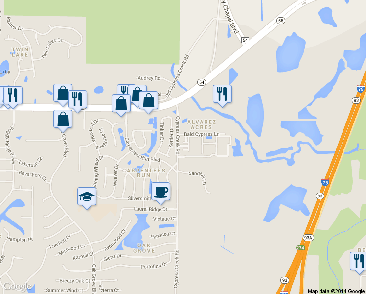 map of restaurants, bars, coffee shops, grocery stores, and more near 2110 Sweetbroom Circle in Lutz