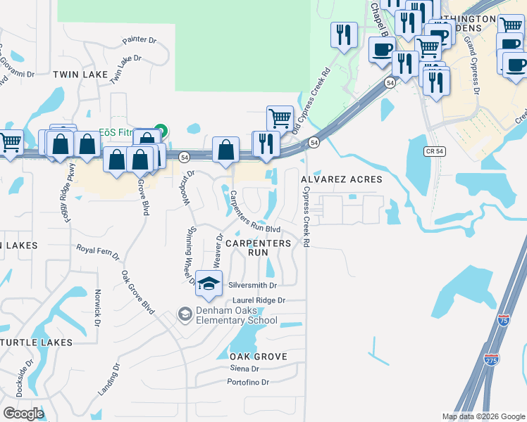 map of restaurants, bars, coffee shops, grocery stores, and more near 1764 Tinsmith Circle in Lutz