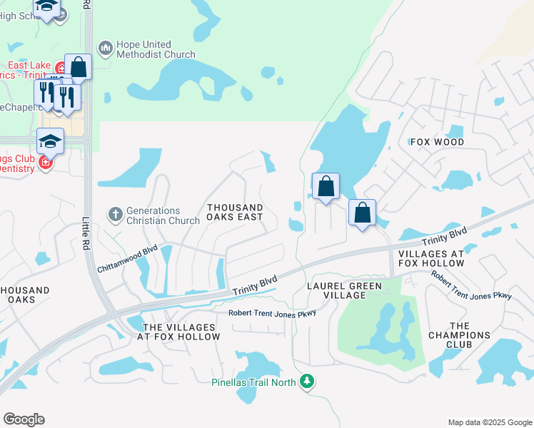 map of restaurants, bars, coffee shops, grocery stores, and more near 1739 Sweetspire Drive in Trinity