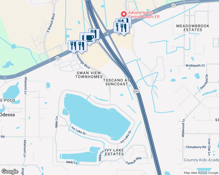 map of restaurants, bars, coffee shops, grocery stores, and more near 1735 Crossing Boulevard in Odessa