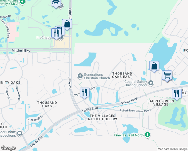 map of restaurants, bars, coffee shops, grocery stores, and more near 1746 Regal Mist Loop in Trinity