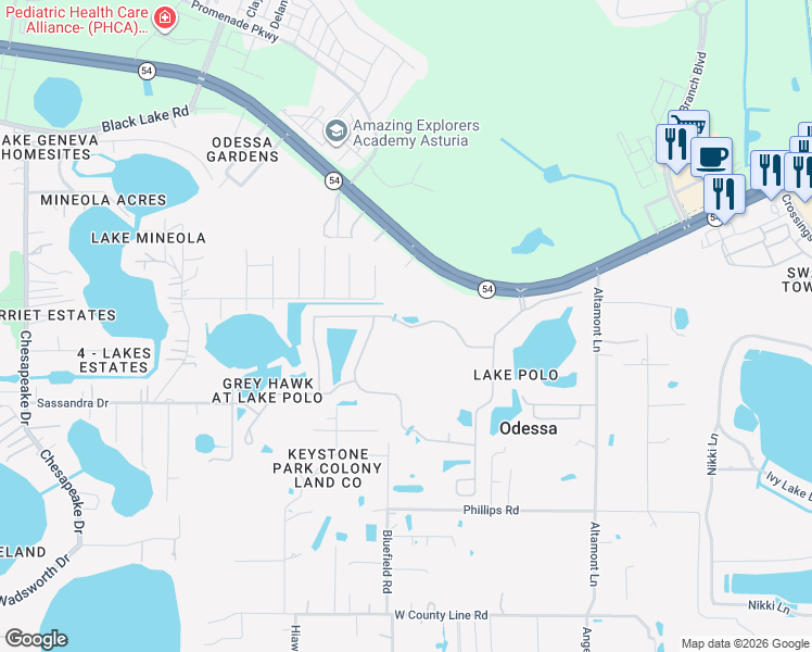 map of restaurants, bars, coffee shops, grocery stores, and more near Azra Drive in Odessa