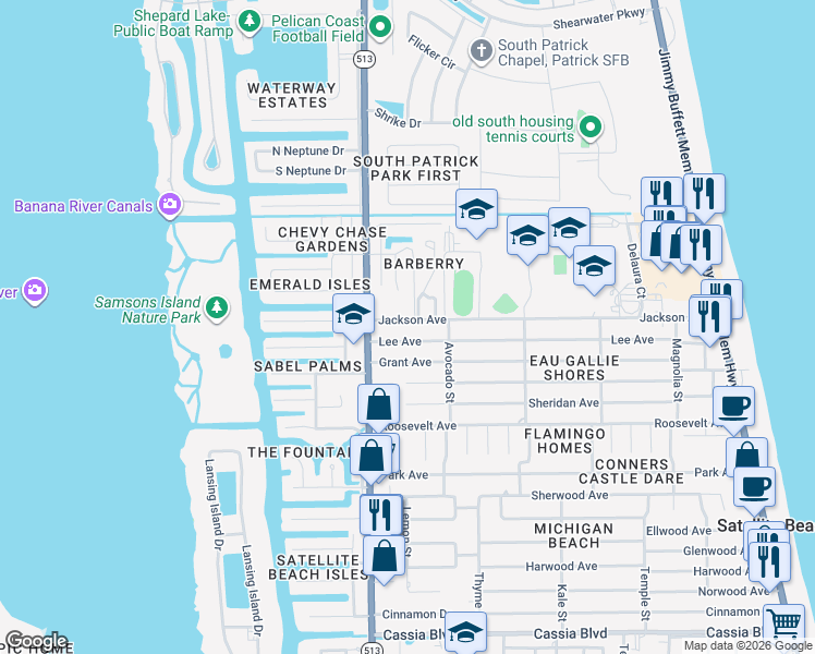 map of restaurants, bars, coffee shops, grocery stores, and more near 95 Sunset Street in Satellite Beach