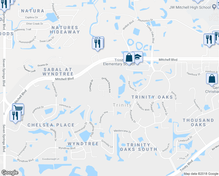 map of restaurants, bars, coffee shops, grocery stores, and more near 1517 Orchard Grove Avenue in Trinity