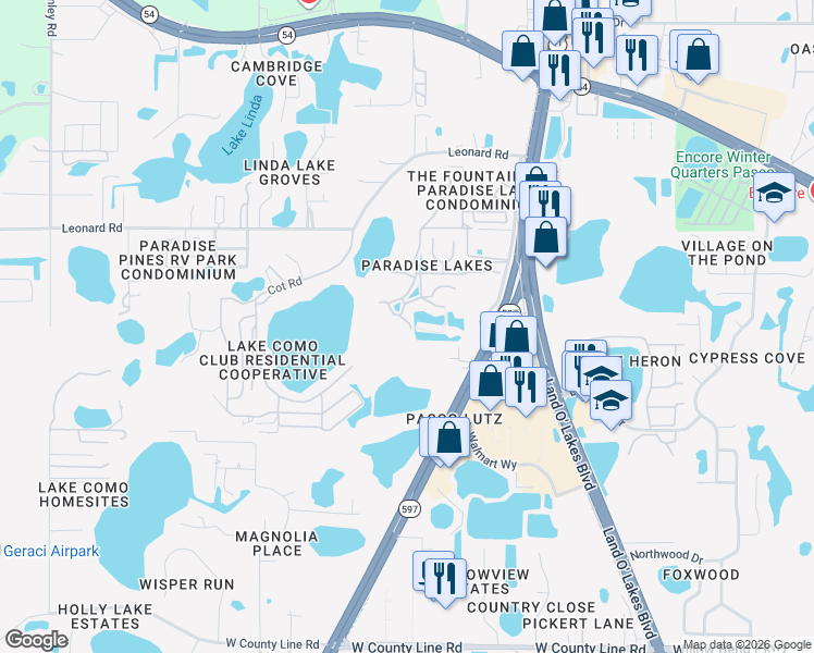 map of restaurants, bars, coffee shops, grocery stores, and more near 1781 Samurai Point in Lutz