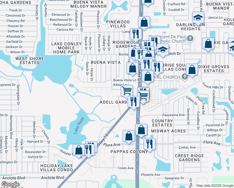 map of restaurants, bars, coffee shops, grocery stores, and more near 4253 Manton Lane in Holiday