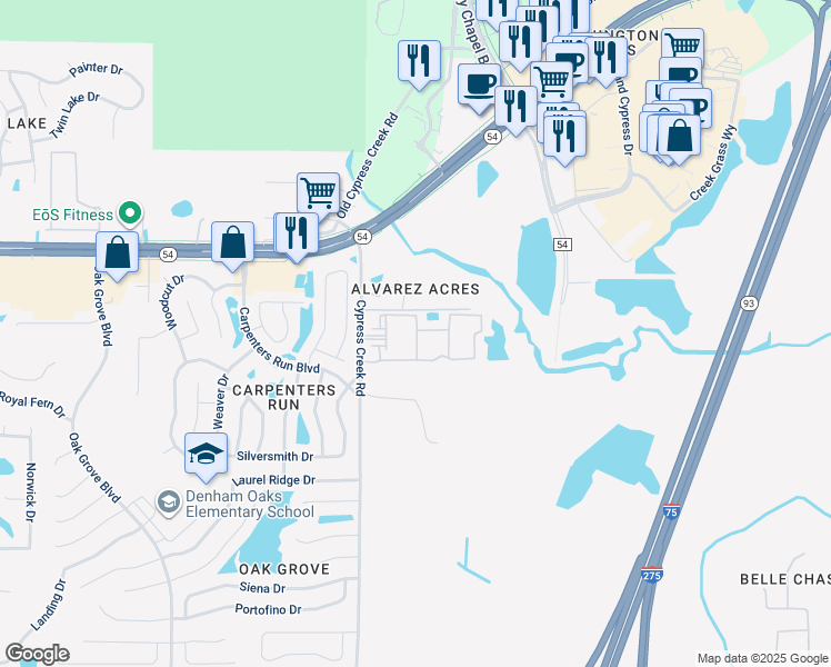map of restaurants, bars, coffee shops, grocery stores, and more near 1810 Trimblestone Drive in Lutz