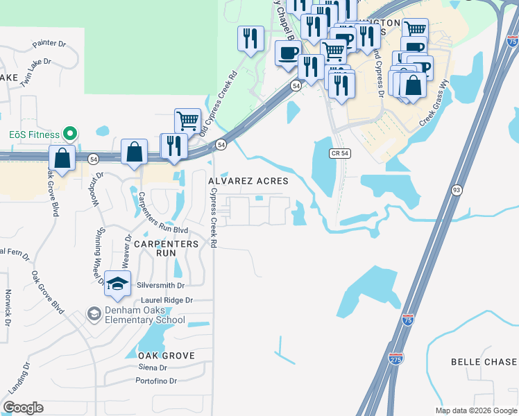 map of restaurants, bars, coffee shops, grocery stores, and more near 1810 Sweetbroom Circle in Lutz