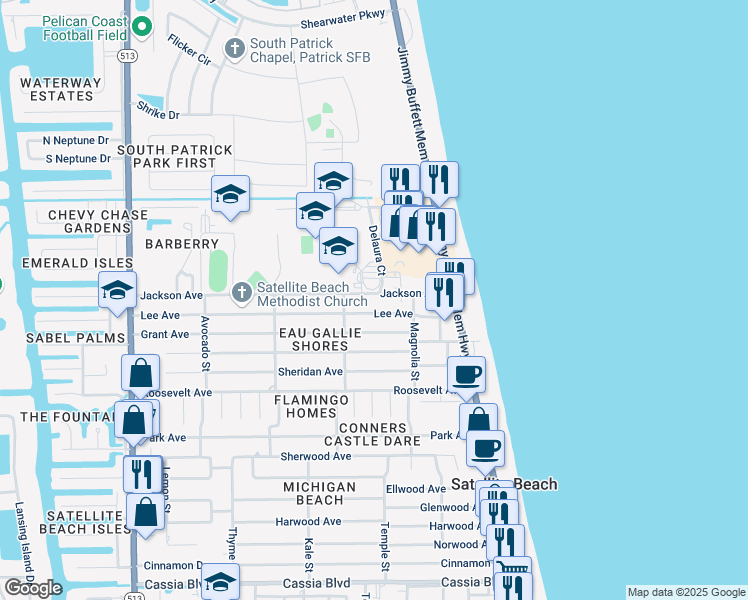 map of restaurants, bars, coffee shops, grocery stores, and more near 240 Jackson Avenue in Satellite Beach